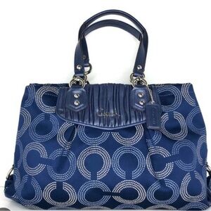 Authentic Cobalt Blue Ashley Dotted Op Art Signature Coach Handbag Purse